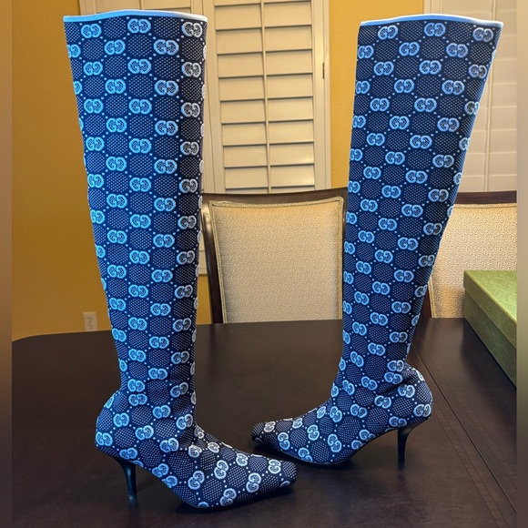 New Gucci GG Supreme Logo Knit Blue Knee High Boots Size 37.5 / US 7.5 - Picture 10 of 16